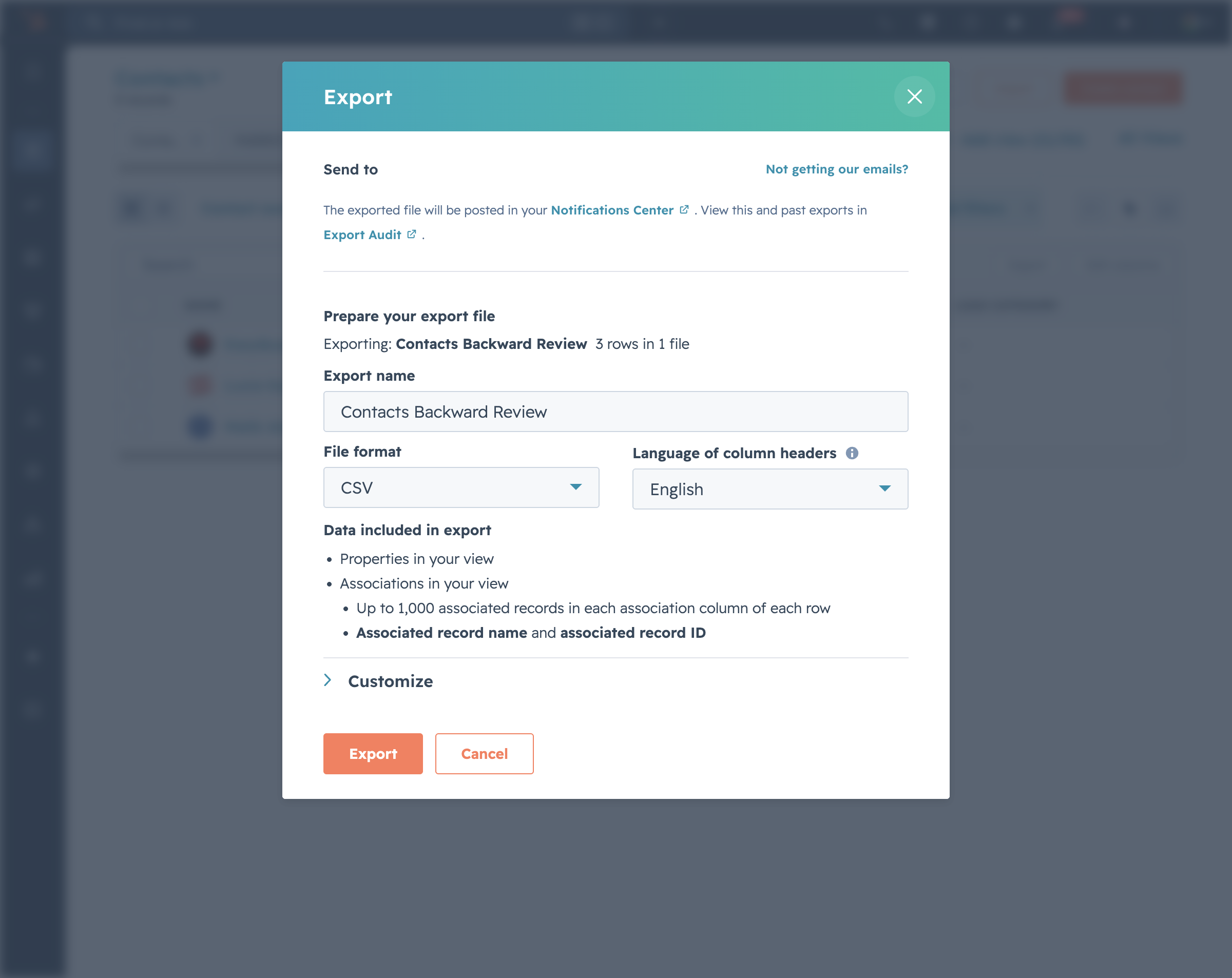 HubSpot contacts export modal showing format choice, language, and what's included