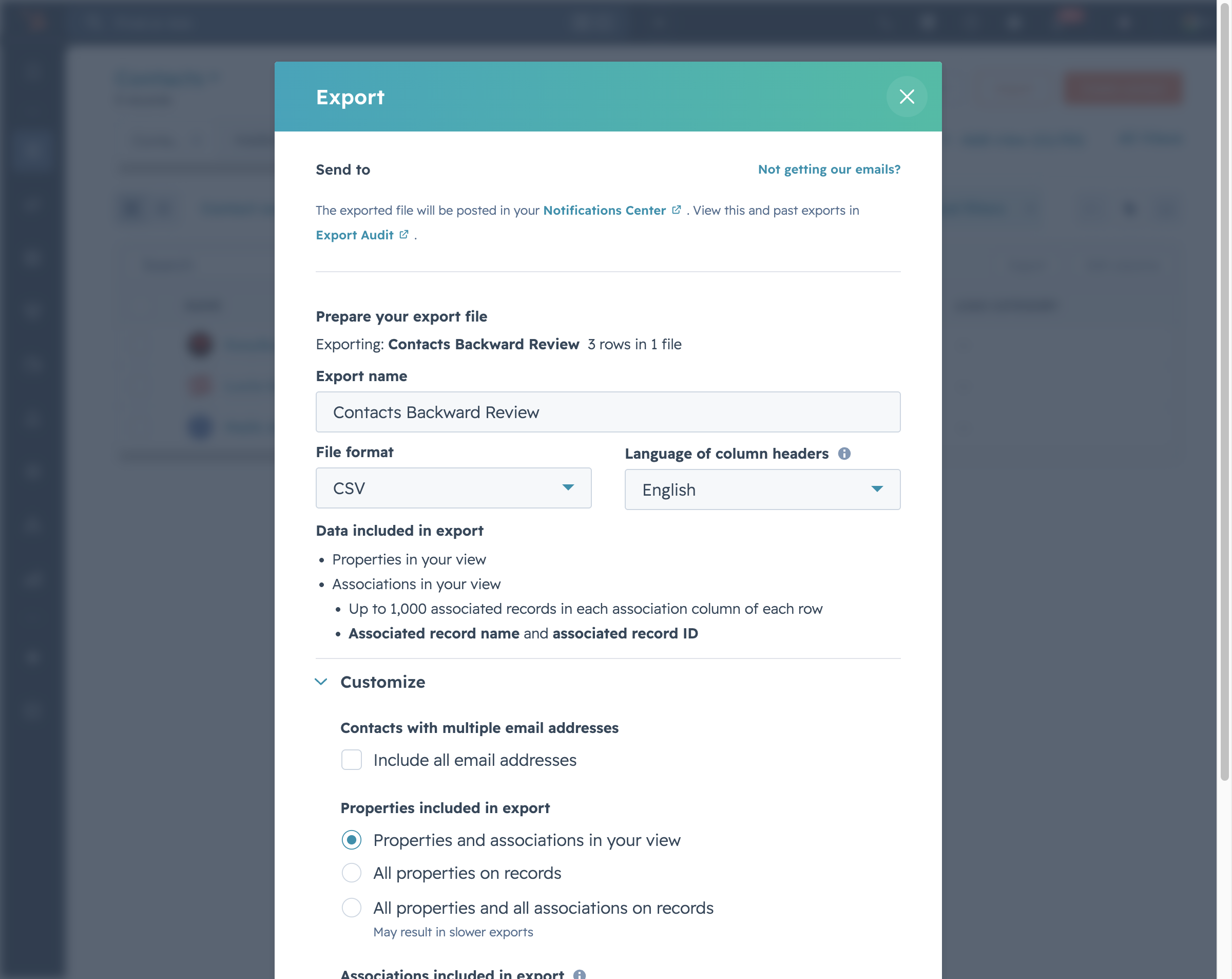 HubSpot export modal Customize section showing properties and associations options