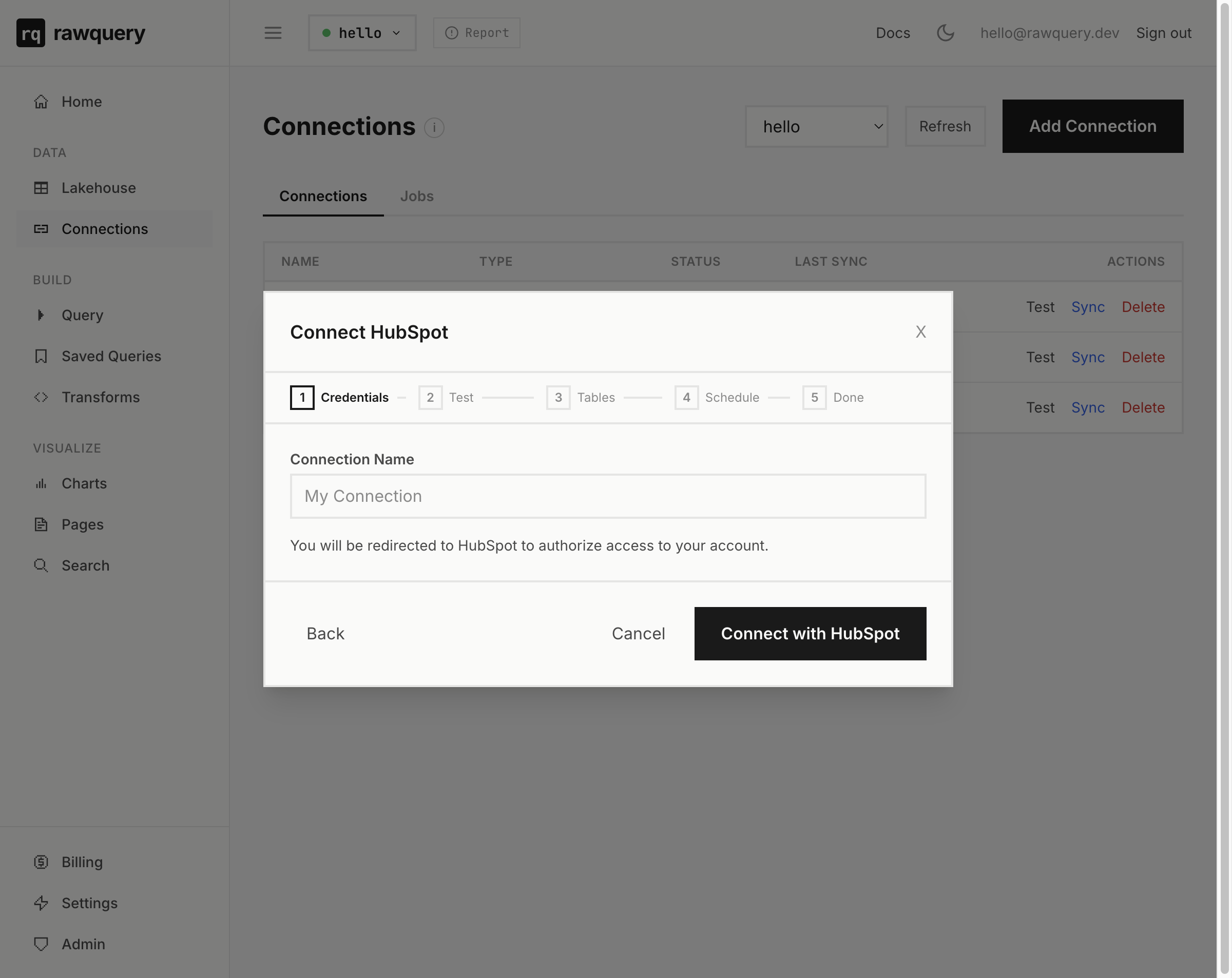 rawquery Connect HubSpot dialog with the 5-step wizard and Connect with HubSpot button